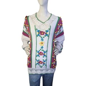 Vintage Knit Sweater Floral Crochet & Bobble Details | Cottagecore | Folk Art